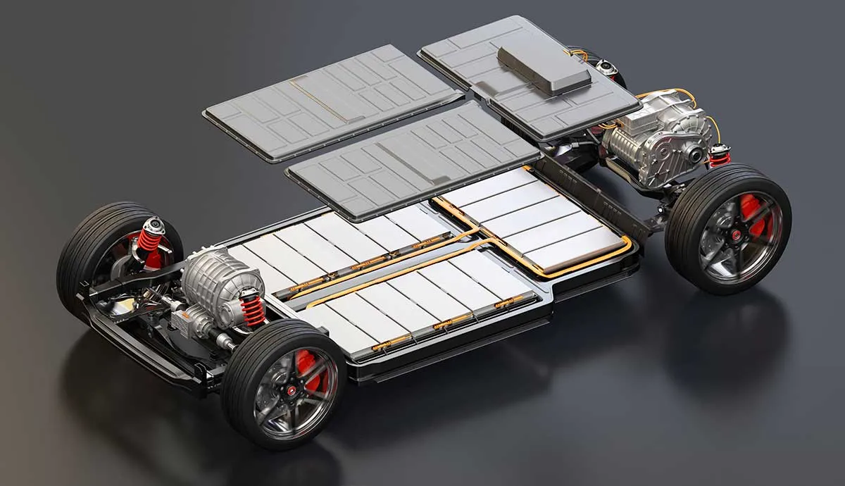 Explode view of electric vehicle chassis equipped with battery pack on the road. 3D rendering image.